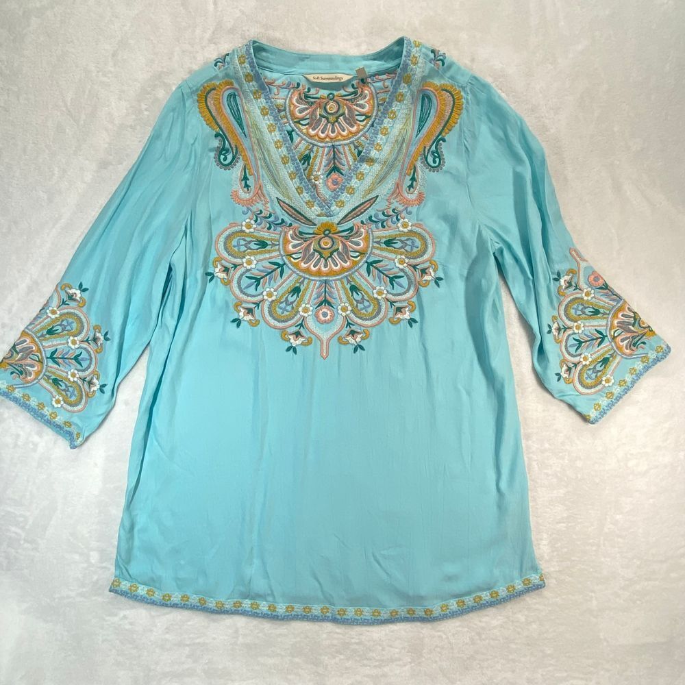 Soft Surroundings Turquoise Embroidered Tunic Top Boho Paisley Floral Pattern XS - Picture 1 of 8